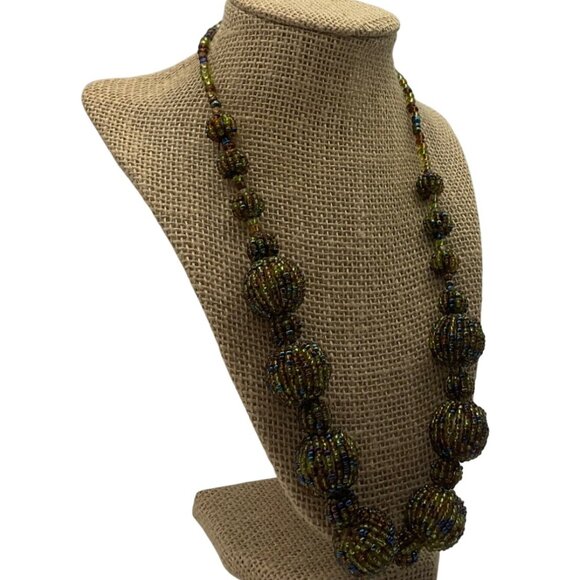 New Artisan Handmade Beaded Necklace Iridescent Green Tones Beads Chunky - Picture 3 of 10